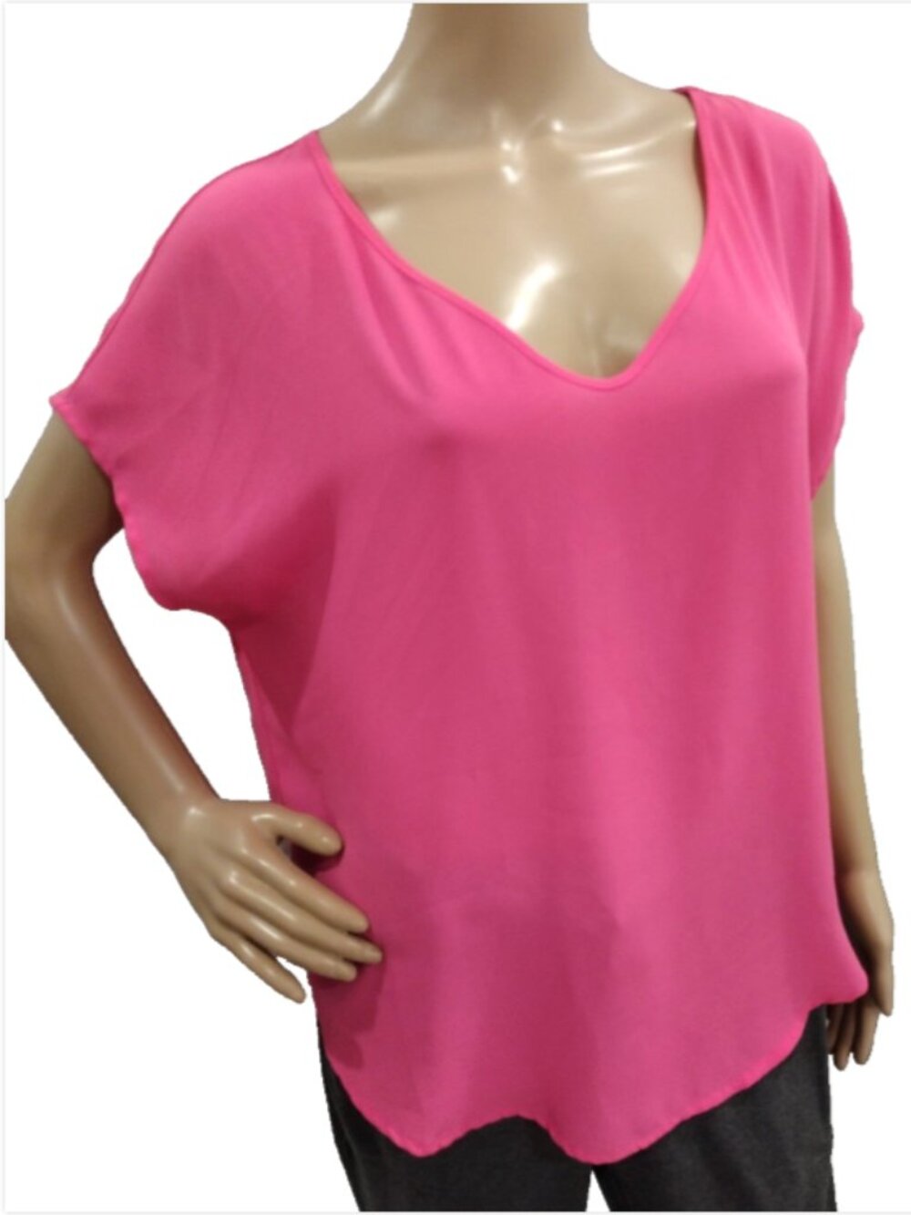 Lush Women's Large Hot Pink Flowy Lightweight Loose Fit Deep V Neck Blouse